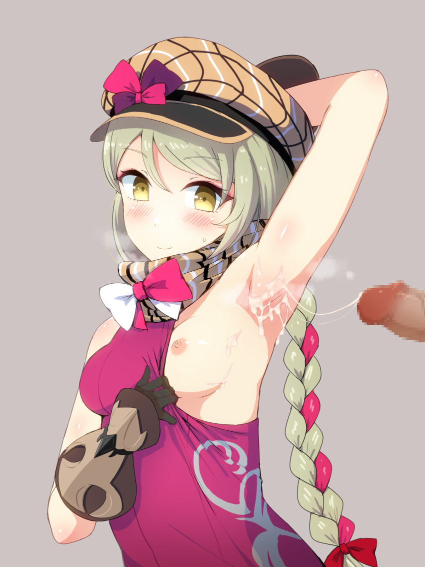 1boy 1girl arm_up armpit_focus blonde_hair braid breasts brown_scarf cum cum_on_armpits cum_on_body dark-skinned_male dark_skin eyeshadow fire_emblem fire_emblem_engage flannel framme_(fire_emblem) hekotan hetero highres long_hair looking_at_viewer makeup multicolored_hair nintendo nipples penis pink_eyeshadow pink_hair plaid_clothes plaid_headwear plaid_scarf scarf single_braid small_breasts smile solo_focus two-tone_hair wrist_guards yellow_eyes