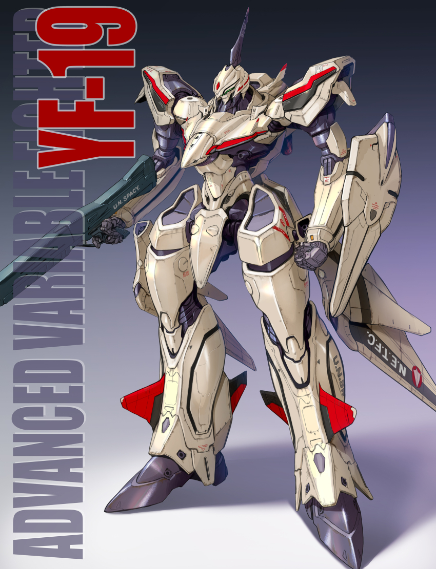 absurdres arms_at_sides assault_visor battroid clenched_hands commentary_request finger_on_trigger gradient_background gun highres holding holding_gun holding_weapon macross macross_plus maeda_hiroyuki mecha mecha_focus military_vehicle no_humans redesign robot roundel science_fiction shadow solo standing u.n._spacy variable_fighter weapon yf-19