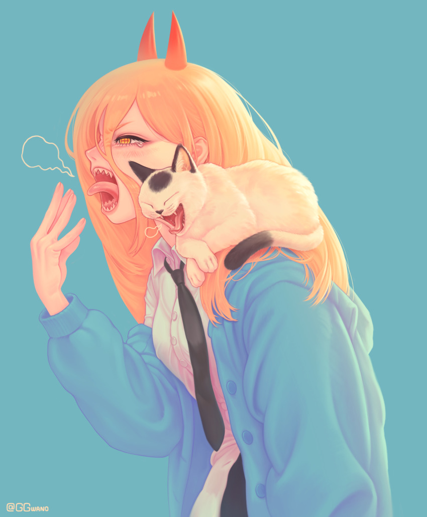 1girl absurdres black_necktie blonde_hair blue_background blue_jacket cat chainsaw_man demon_girl demon_horns ggwano hair_between_eyes highres horns jacket long_hair long_hair_between_eyes meowy_(chainsaw_man) necktie open_mouth power_(chainsaw_man) red_horns sharp_teeth shirt simple_background solo teeth white_shirt yawning yellow_eyes