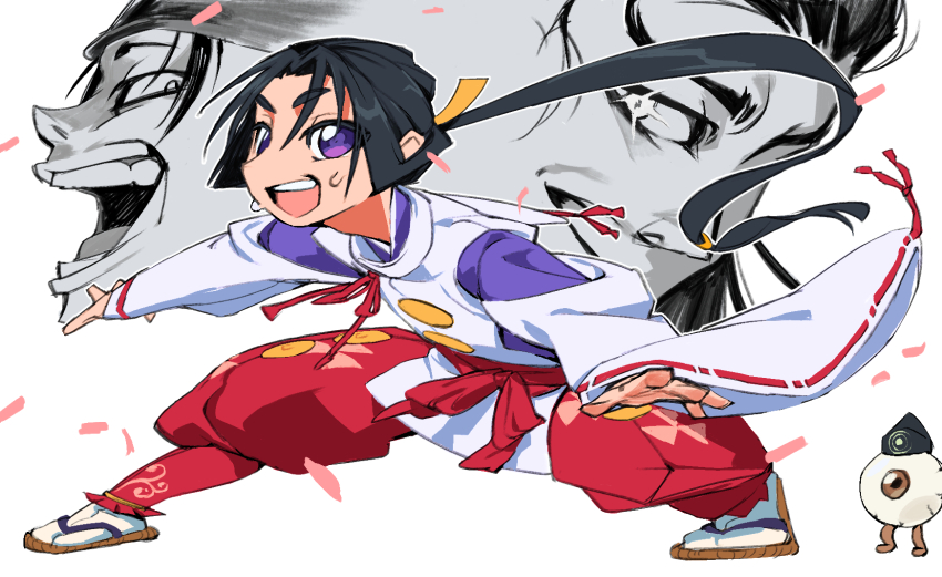 3boys ashikaga_takauji_(nige_jouzu_no_wakagimi) black_hair character_request check_character closed_mouth creature curly_eyebrows eyeball floating_hair full_body glowing glowing_eyes hakama hakama_pants hat highres houjou_tokiyuki_(nige_jouzu_no_wakagimi) japanese_clothes kariginu kimono long_hair looking_at_viewer looking_to_the_side male_focus multiple_boys nige_jouzu_no_wakagimi open_mouth outstretched_arms pants partially_colored ponytail projected_inset purple_eyes purple_kimono red_hakama simple_background smile socks spread_arms suwa_yorishige_(nige_jouzu_no_wakagimi) sweat tabi v-shaped_eyebrows waraji white_socks wide_sleeves yuuo_(tmdaxx)
