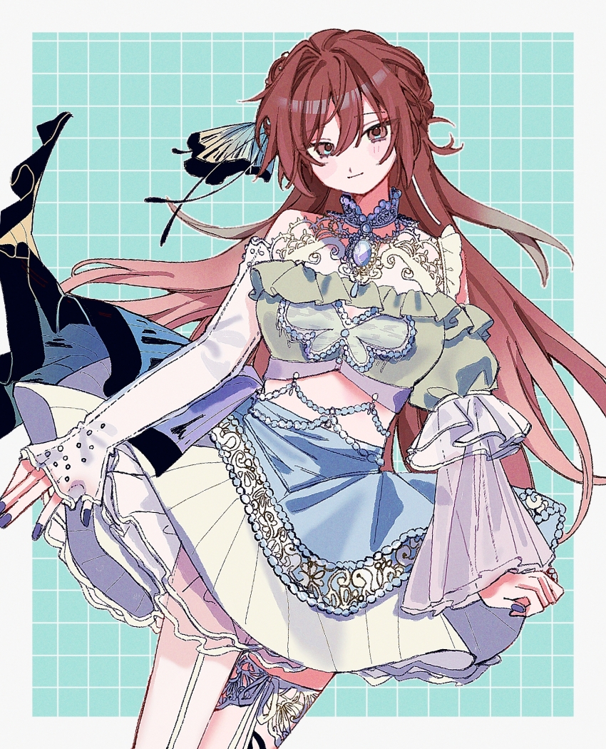 1girl aketa_mikoto asymmetrical_legwear asymmetrical_sleeves blush border breasts brown_hair butterfly_hair_ornament commentary_request fingernails gem grid_background hair_ornament highres idolmaster idolmaster_shiny_colors large_breasts long_hair looking_at_viewer mismatched_legwear mismatched_sleeves navel okome_(evur2724) see-through_clothes see-through_sleeves skirt solo very_long_hair white_border white_skirt