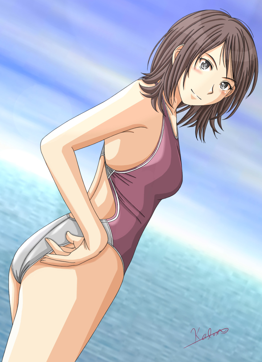 1girl adjusting_clothes adjusting_swimsuit amagami brown_hair cloud cloudy_sky day from_behind grey_one-piece_swimsuit highres karoron looking_back medium_hair ocean one-piece_swimsuit outdoors purple_one-piece_swimsuit racerback signature sky smile solo standing swimsuit takahashi_maya two-tone_one-piece_swimsuit