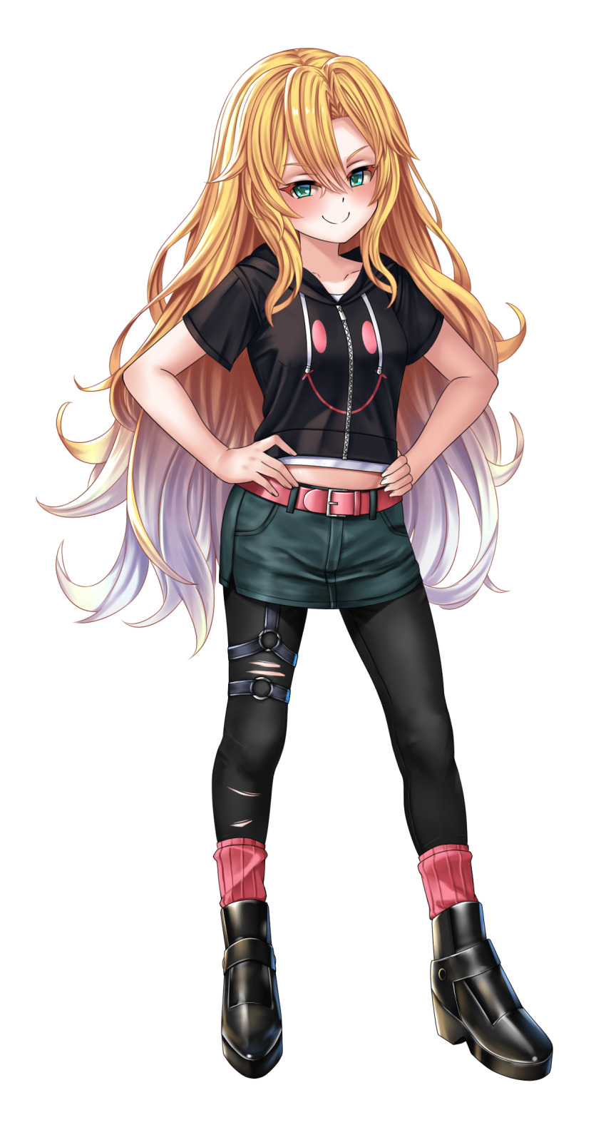1girl abs alternate_costume belt blonde_hair blue_eyes boots breasts ceijin commission commissioner_upload denim denim_skirt eyelashes full_body hands_on_own_hips highres hood hoodie ib_(kouri) long_hair looking_at_viewer mary_(ib) non-web_source pantyhose short_sleeves skirt small_breasts smile smug socks torn_clothes torn_pantyhose transparent_background undershirt underwear underwear_peek