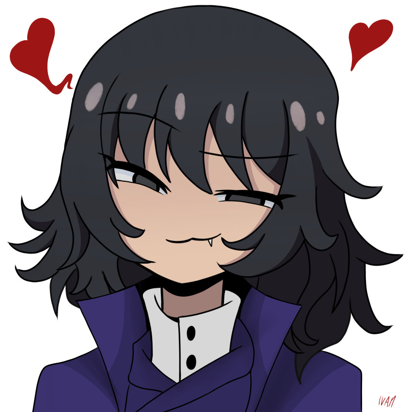 absurdres andou_(girls_und_panzer) bad_tag bc_freedom_military_uniform black_eyes black_hair blue_coat coat dark-skinned_female dark_skin eyebrows eyebrows_through_hair fang fang_out girls_und_panzer heart highres minimal_background non-web_source original_pose purple_coat short_hair simple_background smug solo squinted_eyes vampire white_background