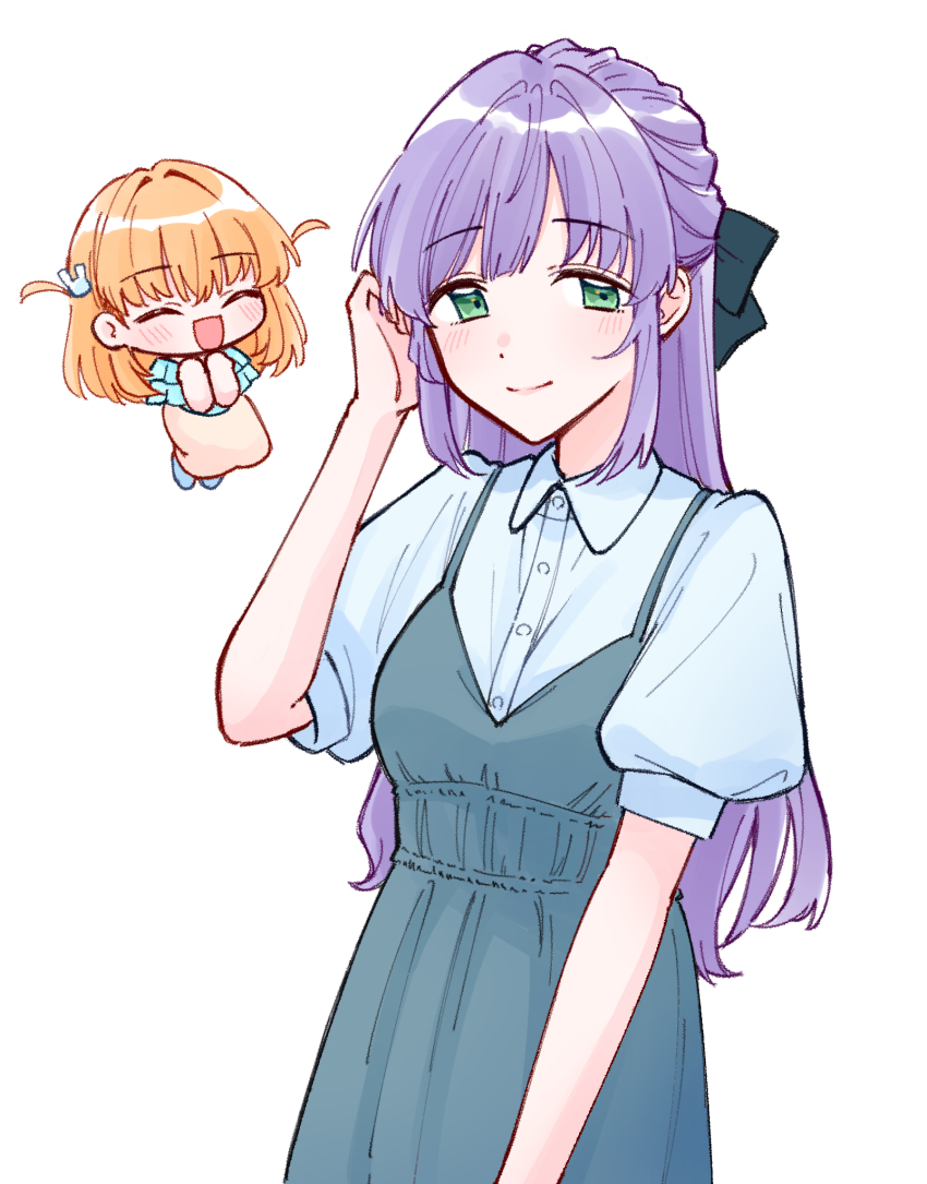 2girls alternate_costume blue_shirt blue_shoes blush breasts brown_skirt casual cerise_bouquet chibi chibi_inset collared_shirt dress frilled_shirt frills green_eyes hair_ornament half_updo hand_up highres hinoshita_kaho link!_like!_love_live! long_hair long_skirt looking_at_viewer love_live! medium_breasts multiple_girls orange_hair otomune_kozue pinafore_dress puffy_short_sleeves puffy_sleeves purple_hair rabbit_hair_ornament shirt shoes short_sleeves sidelocks skirt sleeveless sleeveless_dress spaghetti_strap two_side_up virtual_youtuber zangemiya
