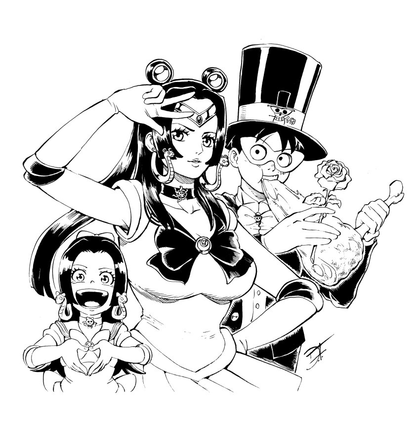 1boy 2girls absurdres bishoujo_senshi_sailor_moon black_hair boa_hancock cosplay davidfueleki earrings flower gloves greyscale hat highres jewelry long_hair mask monkey_d._luffy monochrome multiple_girls one_piece rose sailor_moon sailor_moon_(cosplay) top_hat tuxedo_kamen_(cosplay) voice_actor_connection