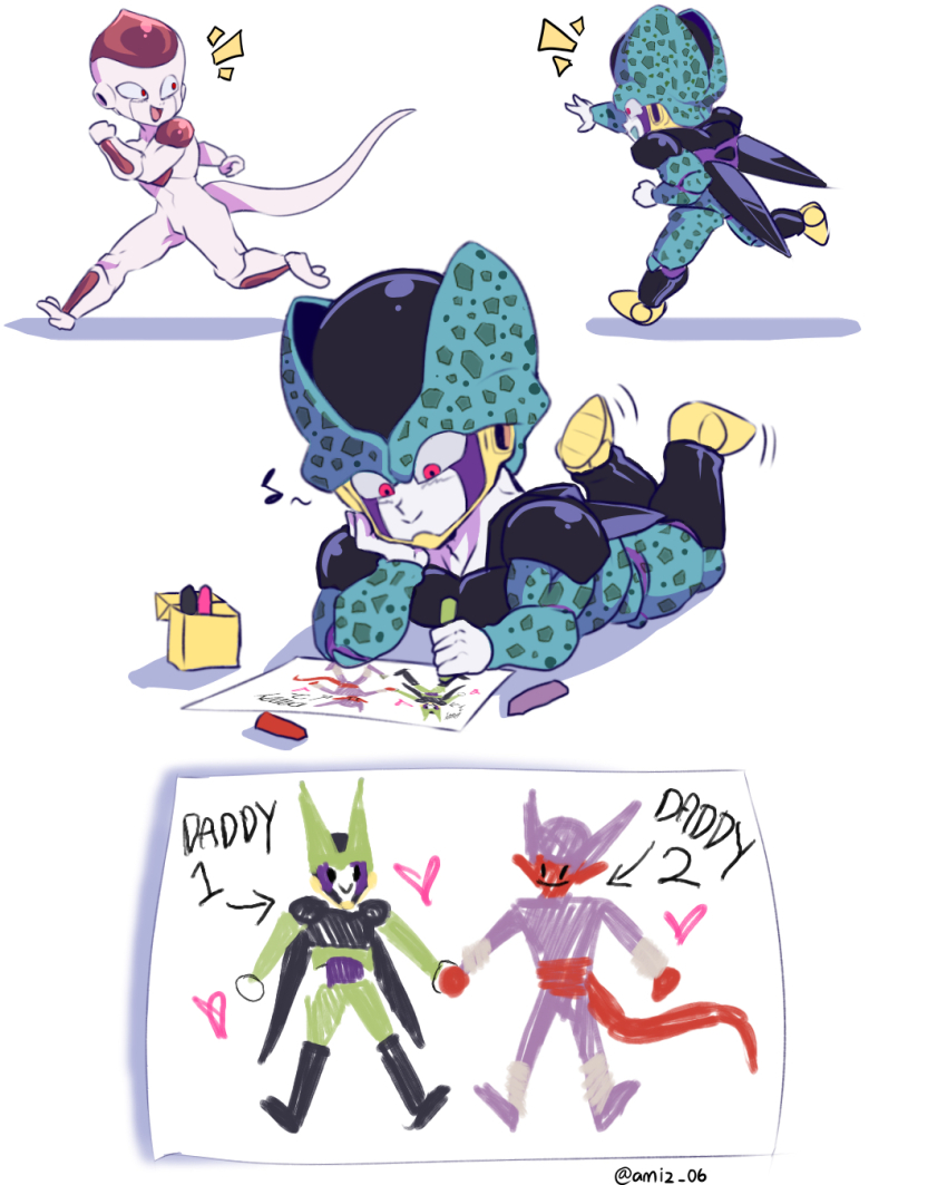 2boys :d amiz06 arrow_(symbol) cell_(dragon_ball) cell_junior child child&#039;s_drawing closed_mouth colored_skin commentary commentary_request crayon dragon_ball dragonball_z drawing_(action) drawing_(object) elbow_rest english_commentary feet_up head_rest heart highres holding holding_crayon janemba kuriza looking_at_another looking_back lying male_focus mixed-language_commentary multiple_boys multiple_views musical_note neko_majin_(series) notice_lines on_stomach open_mouth outstretched_arm paper perfect_cell purple_skin red_eyes running simple_background smile tail white_background white_skin wings