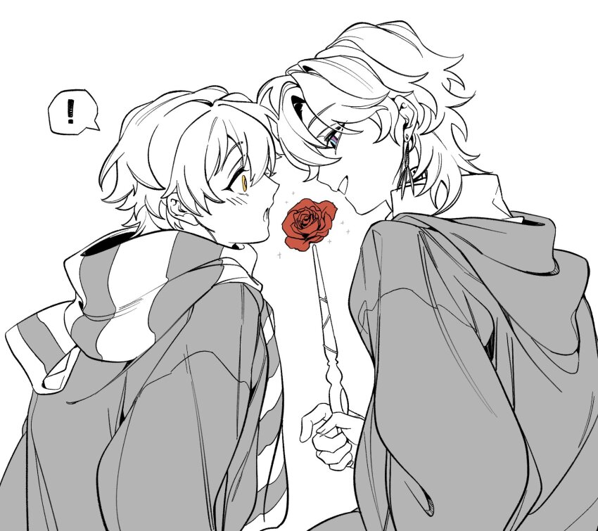 ! 2boys aventurine_(honkai:_star_rail) blue_eyes blush caelus_(honkai:_star_rail) commentary_request crossover earrings fingernails flower greyscale_with_colored_eyes hair_between_eyes harry_potter_(series) highres hogwarts_school_uniform holding holding_wand honkai:_star_rail honkai_(series) hood hooded_coat jewelry long_sleeves looking_at_another male_focus multicolored_eyes multiple_boys open_mouth purple_eyes rongyuan_gulu rose scarf school_uniform shirt short_hair simple_background single_earring smile spoken_exclamation_mark striped_clothes striped_scarf surprised teeth trailblazer_(honkai:_star_rail) wand wide_sleeves wizarding_world yellow_eyes
