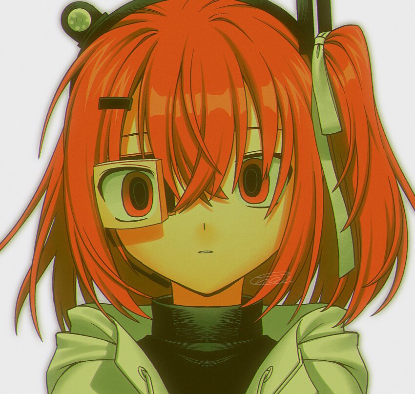 1girl a.i._voice adachi_rei black_shirt chromatic_aberration cross-eyed crossed_bangs film_grain grey_background hair_between_eyes hair_ribbon headphones headset highres hood hood_down hooded_jacket jacket medium_hair menma_(enaic31) one_side_up open_clothes open_jacket orange_eyes orange_hair parted_lips portrait retro_artstyle ribbon shirt signature simple_background solo turtleneck turtleneck_shirt utau white_jacket white_ribbon