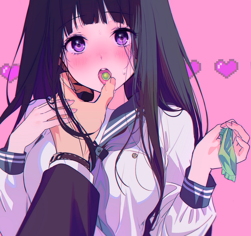 1girl artist_logo black_hair blush breasts candy candy_wrapper chitanda_eru finger_to_another&#039;s_mouth food hands_up heart highres holding hyouka kamiyama_high_school_uniform_(hyouka) logo long_hair long_sleeves looking_at_viewer mery_(yangmalgage) open_mouth purple_eyes sailor_collar saliva school_uniform shirt solo_focus tongue tongue_out watch wristwatch