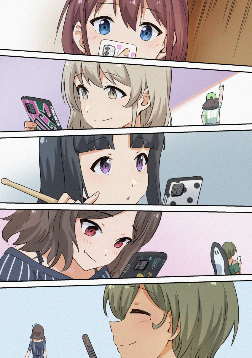 1boy 5girls absurdres awa_subaru black_hair blue_eyes blue_shirt blush brown_hair cellphone commentary ebizuka_tomo english_commentary fang girls_band_cry grey_eyes grey_hair highres iseri_nina kawaragi_momoka mole mole_under_eye multiple_girls parted_bangs phone purple_eyes red_eyes rupa_(girls_band_cry) shirt short_hair short_sleeves sidelocks skin_fang smartphone summer_left togenashi_togeari