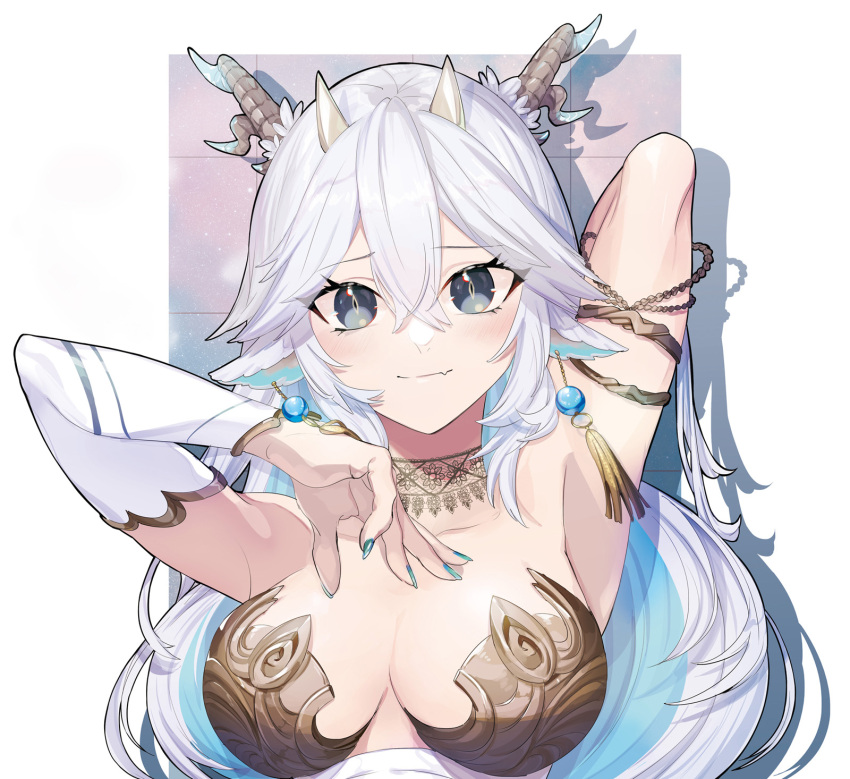 1girl bare_shoulders breasts brown_eyes cleavage colored_inner_hair highres horns indie_virtual_youtuber large_breasts long_hair looking_at_viewer multicolored_hair multiple_horns nail_polish pointy_ears puppeteer7777 solo upper_body vei_(vtuber) vei_(vtuber)_(sky_empress) very_long_hair virtual_youtuber white_hair