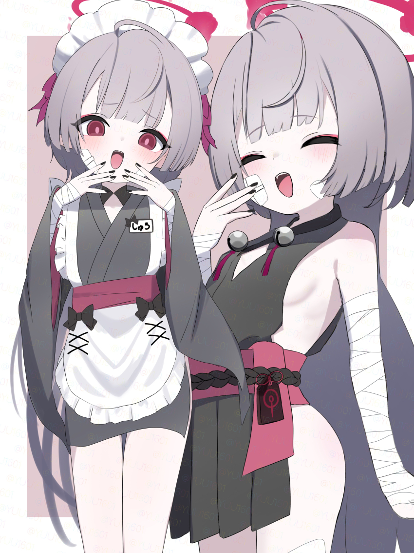 1girl absurdres alternate_costume apron bandaged_arm bandages bell black_nails blue_archive closed_eyes enmaided grey_hair halo highres japanese_clothes jingle_bell long_hair long_sleeves maid maid_headdress multiple_views nail_polish obi open_mouth purple_eyes purple_halo sash shuro_(blue_archive) sideless_outfit teeth upper_teeth_only very_long_hair wa_maid waist_apron yuu_(yuu1601)
