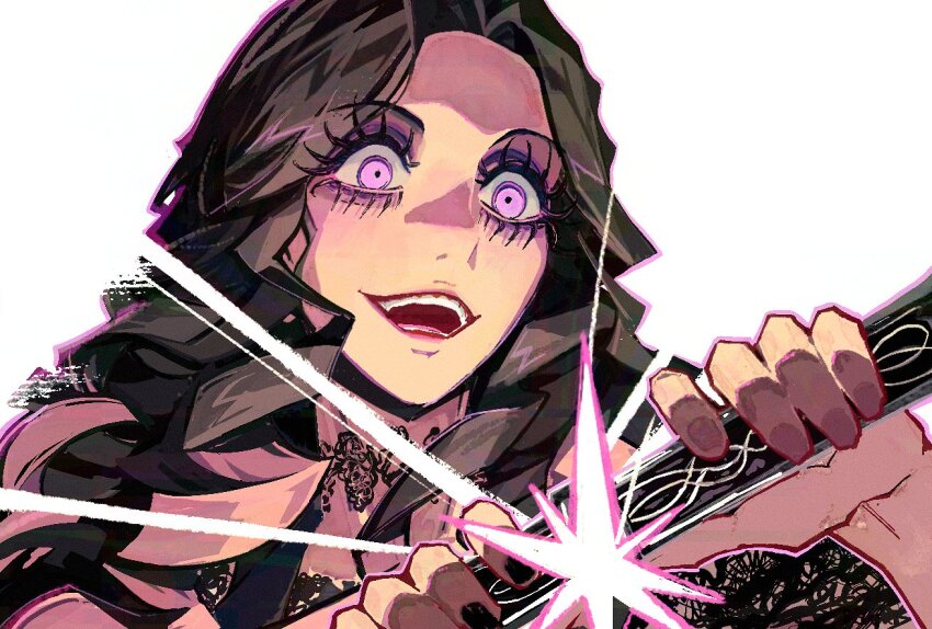 1girl adk-em bandai bandai_namco birdftbld eyeshadow glotta_stomach grotta holding holding_weapon ishimori_prod kamen_rider kamen_rider_gavv_(series) long_hair makeup open_mouth purple_eyes purple_eyeshadow simple_background solo toei_company tokusatsu tv_asahi weapon white_background