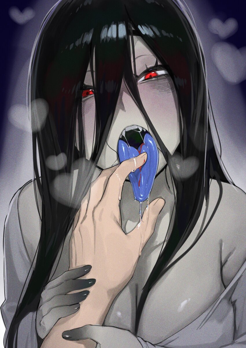 1boy 1girl absurdres bare_shoulders black_hair blue_tongue blush breasts cleavage colored_tongue commentary dress fangs ghost_girl hair_over_face heart highres large_breasts licking licking_blood licking_finger long_hair looking_at_viewer nia_(nia4294) open_mouth pov red_eyes saliva saliva_trail symbol-only_commentary the_ring tongue tongue_out very_long_hair white_dress yamamura_sadako