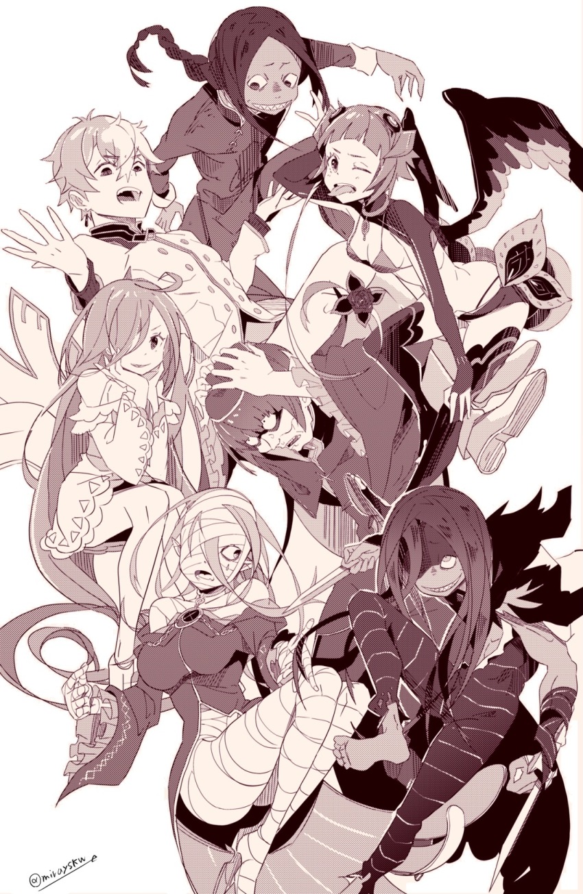3girls 4boys bad_id bad_pixiv_id bandages blunt_bangs braid capella_emerada_lugnica highres long_hair louis_arneb lye_batenkaitos mirayskw monochrome multiple_boys multiple_girls petelgeuse_romaneeconti re:zero_kara_hajimeru_isekai_seikatsu regulus_corneas roy_alphard short_hair sirius_(re:zero) white_background wings