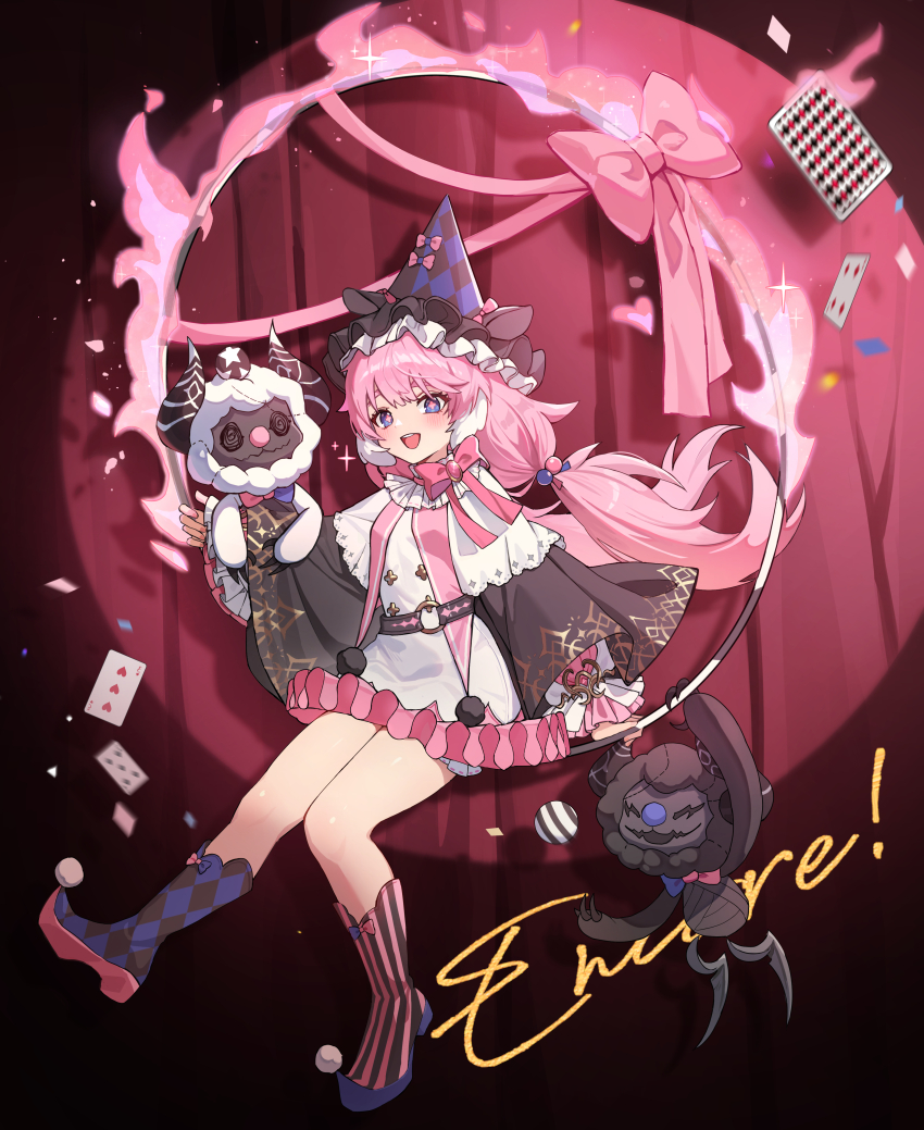 1girl absurdres adapted_costume alternate_costume black_hat blue_eyes bow bowtie card cloudy_(wuthering_waves) commentary_request cosmos_(wuthering_waves) dress encore_(wuthering_waves) flower-shaped_pupils hat highres jester_cap jester_costume jester_shoes long_hair long_sleeves looking_at_viewer open_mouth pink_bow pink_bowtie pink_hair pink_pupils playing_card shana_deco smile solo symbol-shaped_pupils thighs white_dress wuthering_waves