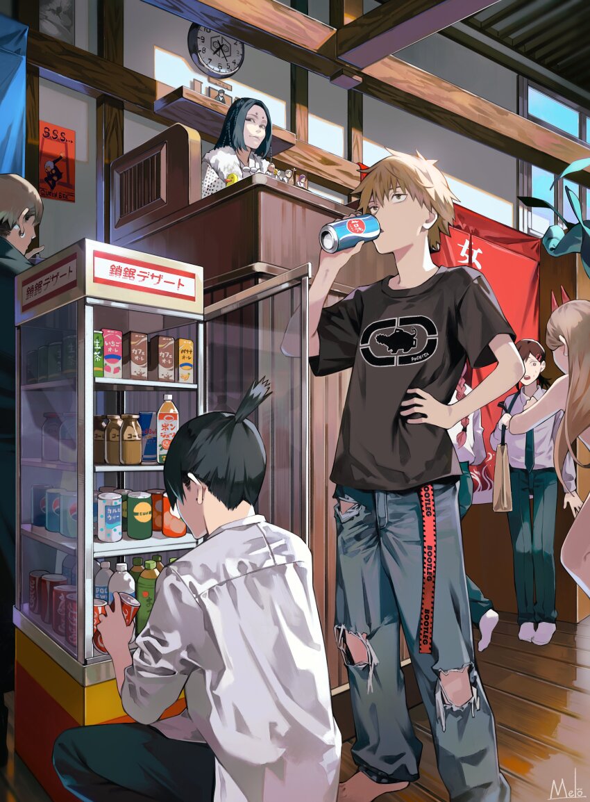 3boys 3girls absurdres barefoot black_coat black_hair black_necktie black_pants black_sclera blonde_hair braid braided_ponytail brown_hair can chainsaw_man character_request clock coat coca-cola collared_shirt colored_sclera denji_(chainsaw_man) drink_can drinking ear_piercing flask hayakawa_aki higashiyama_kobeni highres holding holding_can holding_flask horns kishibe_(chainsaw_man) kyuuba_melo long_hair looking_away makima_(chainsaw_man) medium_hair milk_carton multiple_boys multiple_girls necktie open_mouth pants pepsi piercing pochita_(chainsaw_man) power_(chainsaw_man) red_horns shirt shirt_tucked_in short_hair single_sidelock soda_bottle soda_can squatting swept_bangs topknot torn_clothes undercut wall_clock white_shirt yonezu_kenshi_(person)