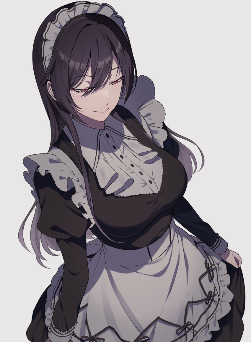 1girl absurdres alternate_costume apron black_dress black_hair breasts commentary dress enmaided frilled_apron frills hair_between_eyes half-closed_eyes highres idolmaster idolmaster_shiny_colors juliet_sleeves large_breasts long_hair long_sleeves maid maid_apron maid_headdress puffy_sleeves randompeeps shirase_sakuya simple_background smile solo straight_hair very_long_hair white_apron white_background