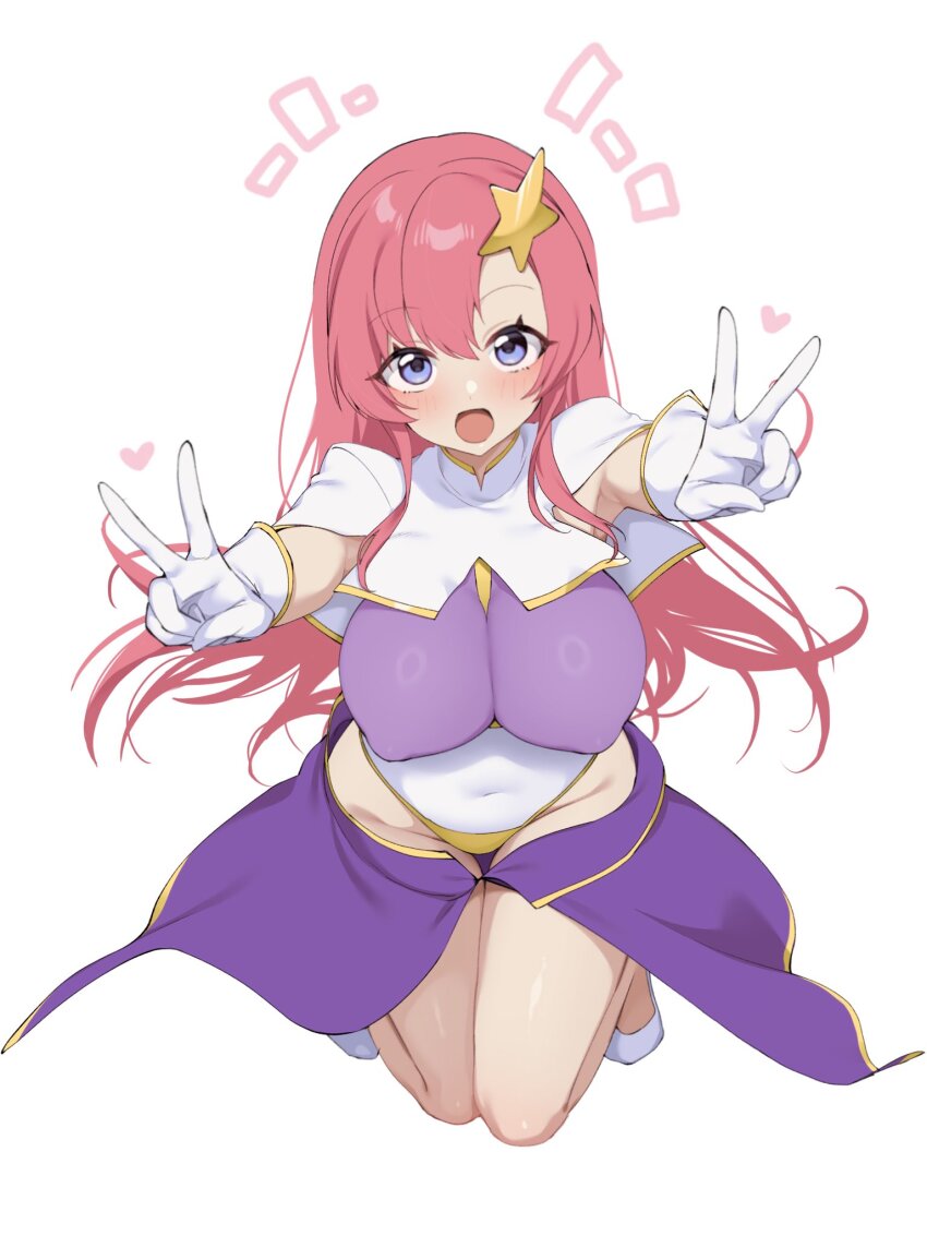 1girl blue_eyes breasts campbell_xx capelet double_v gloves hair_ornament highleg highleg_leotard highres impossible_clothes impossible_leotard large_breasts leotard long_hair meer_campbell multicolored_leotard notice_lines pink_hair purple_skirt simple_background skirt solo star_(symbol) star_hair_ornament twitter v white_background white_capelet white_gloves
