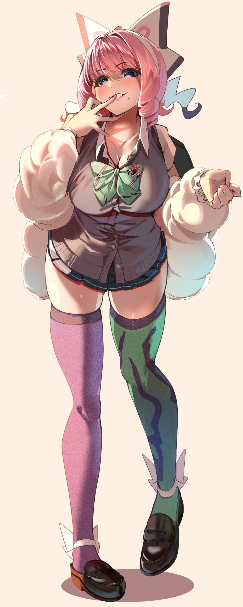 1girl absurdres blue_skirt blush bow bowtie breasts collared_shirt drill_hair eyeshadow flipped_hair fur_jacket green_bow green_bowtie hair_bow hairband highres jacket klara_(pokemon) makeup miniskirt mole mole_under_mouth momdy_(talesshinja) nintendo open_clothes open_jacket open_mouth pink_eyeshadow pink_hair pink_lips pleated_skirt pokemon pokemon_swsh purple_eyes school_uniform shirt short_hair skirt smile solo sweater_vest teeth thighhighs twin_drills two-tone_thighhighs white_bow white_hairband white_shirt