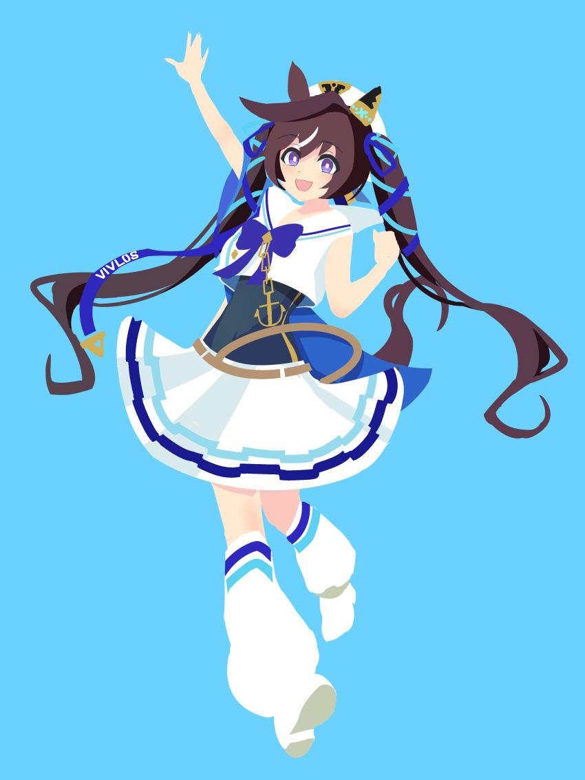 1girl absurdres anchor arm_up beret black_hair black_undershirt blue_bow blue_bowtie blue_ribbon bow bowtie bright_pupils character_name commentary cropped_shirt full_body hair_ribbon hat highres horse_girl koiwaikana long_hair looking_at_viewer loose_socks miniskirt open_mouth pleated_skirt purple_eyes ribbon sailor_collar sailor_shirt shirt shoes skirt sleeveless sleeveless_shirt smile socks solo standing twintails umamusume very_long_hair vivlos_(umamusume) white_hat white_pupils white_sailor_collar white_shirt white_shoes white_skirt white_socks