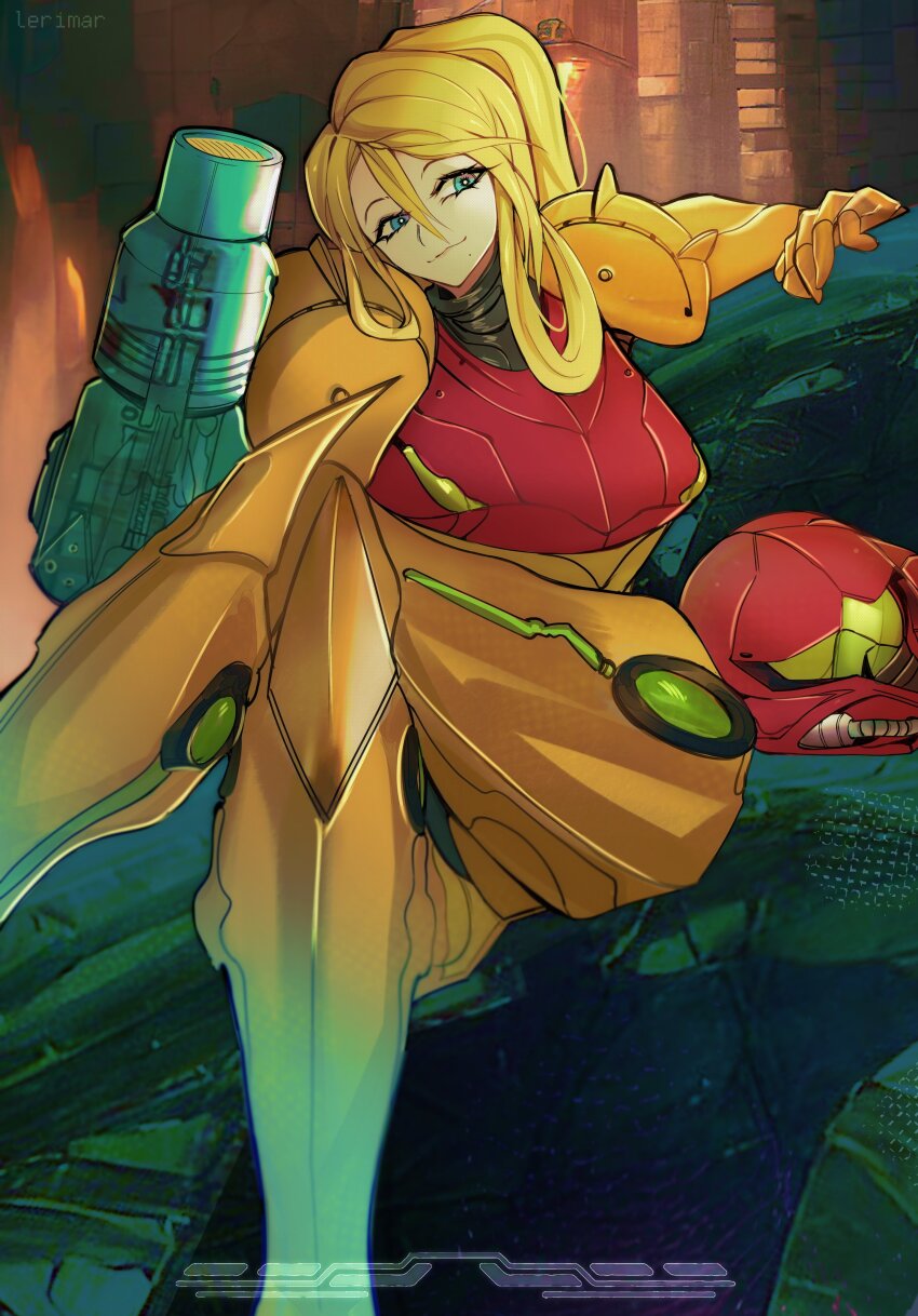 1girl absurdres arm_cannon armor blonde_hair blue_eyes brown_background closed_mouth commentary crossed_legs english_commentary feet_out_of_frame helmet highres lerimar long_hair looking_at_viewer metroid metroid_prime nintendo orange_armor power_suit_(metroid) samus_aran sitting smile solo unworn_headwear unworn_helmet weapon