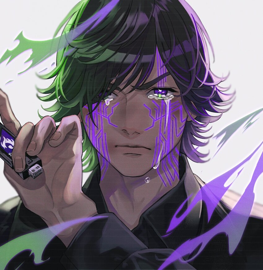 1boy aura black_shirt brown_hair bruise bruise_on_face collared_shirt crying crying_with_eyes_open energy facial_mark facial_tattoo gaia_memory green_eyes hand_up henshin henshin_pose hidari_shoutarou highres injury kamen_rider kamen_rider_w letter logo long_sleeves male_focus medium_hair multicolored_eyes purple_eyes sasakura34 shirt simple_background swept_bangs tattoo tears usb white_background