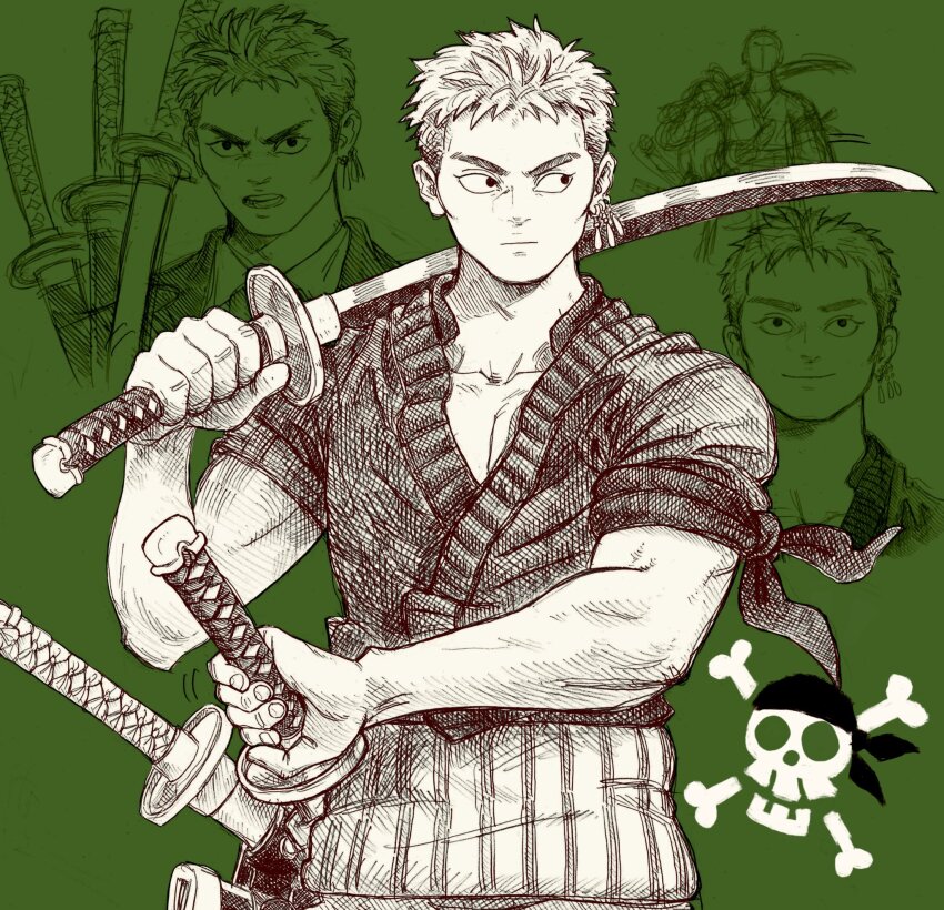 1boy aten_man cheekbones dual_wielding earrings green_background greyscale haramaki highres holding holding_sword holding_weapon jewelry jolly_roger katana male_focus monochrome multiple_views muscular muscular_male one_piece one_piece_(live_action) roronoa_zoro short_hair short_sleeves skull_and_crossbones smile sword weapon