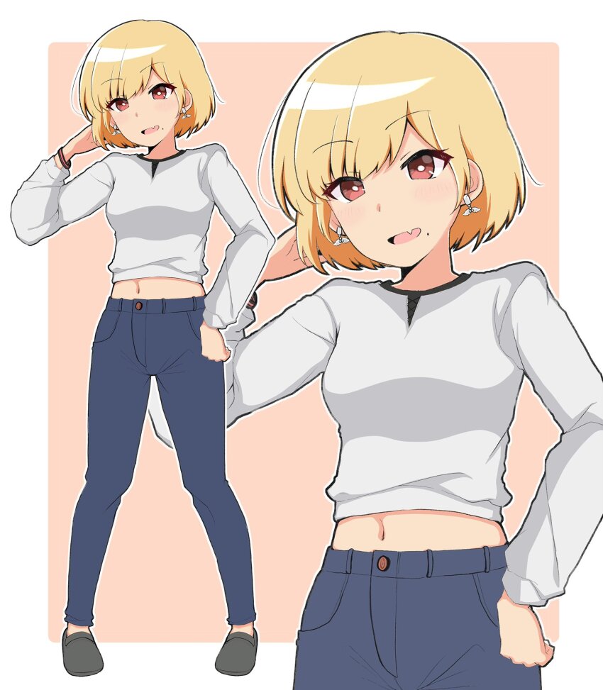 1girl :d black_shoes blonde_hair blue_pants brown_eyes commentary earrings fang hand_in_own_hair hand_on_own_hip hand_up highres hiro_(05112423) jewelry legs_apart long_sleeves looking_at_viewer midriff mole mole_under_eye navel open_mouth original pants pink_background shirt shoes short_hair simple_background skin_fang smile solo standing white_shirt wing_earrings wristband zoom_layer