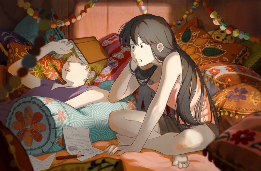 2boys bare_arms bare_legs barefoot beads black_hair blonde_hair blurry book brown_shorts chakotata commentary_request depth_of_field embroidery fingernails hand_up highres indian_style indoors long_hair looking_at_another looking_away lying male_focus multiple_boys on_back one_eye_closed open_book open_mouth original paper pencil pillow purple_shirt red_nails red_tank_top shirt short_hair shorts sideways_glance sitting sleeveless soles surprised tank_top v-neck very_long_hair waking_up
