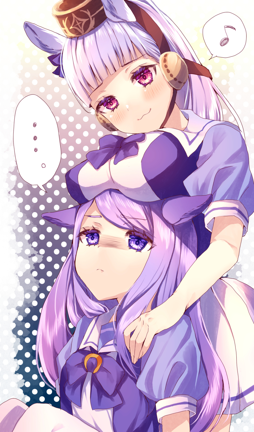... 2girls :3 absurdres animal_ears back_bow bow breast_envy breast_rest breasts breasts_on_head brown_hat commentary_request cowboy_shot ear_bow eighth_note gold_ship_(umamusume) hat highres horse_ears horse_girl long_hair medium_breasts mejiro_mcqueen_(umamusume) multiple_girls musical_note pillbox_hat pleated_skirt puffy_short_sleeves puffy_sleeves purple_bow purple_shirt sailor_collar school_uniform shirt short_sleeves skirt small_breasts smile spoken_ellipsis spoken_musical_note tracen_school_uniform umamusume white_skirt xx_momomo_xx