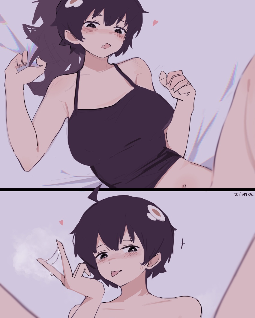 2girls absurdres araragi_karen araragi_tsukihi baisebandaoti1 bare_shoulders bed belly black_hair breasts collarbone cum hair_ornament hands_up highres incest legs legs_apart legs_up midriff monogatari_(series) multiple_girls navel nisemonogatari open_mouth ponytail sex sexually_suggestive short_hair tongue tongue_out yuri
