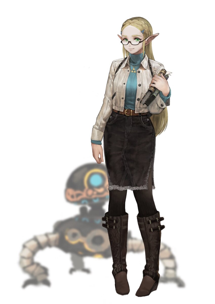 1girl alternate_costume belt belt_buckle black-framed_eyewear black_footwear black_pantyhose black_skirt blonde_hair blue_sweater blurry blurry_background book boots braid brown_belt buckle buttons closed_mouth commentary_request crown_braid elf full_body green_eyes guardian_(zelda) hair_ornament hairclip highres holding holding_book jacket jewelry jun_(navigavi) knee_boots light_smile long_hair long_sleeves looking_at_viewer necklace nintendo pantyhose parted_bangs pointy_ears princess_zelda semi-rimless_eyewear skirt standing sweater the_legend_of_zelda the_legend_of_zelda:_breath_of_the_wild triforce turtleneck turtleneck_sweater white_background white_jacket