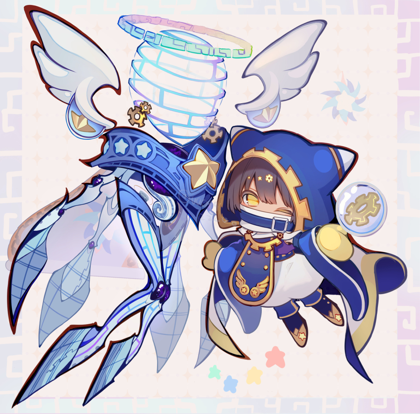1boy blue_boots blue_cape boots brown_hair bubble cape gears gloves highres kirby_(series) looking_at_viewer lor_starcutter magolor mi_(mm) nintendo one_eye_closed personification simple_background solo star_(symbol) tunic white_background white_tunic white_wings wings yellow_eyes yellow_gloves