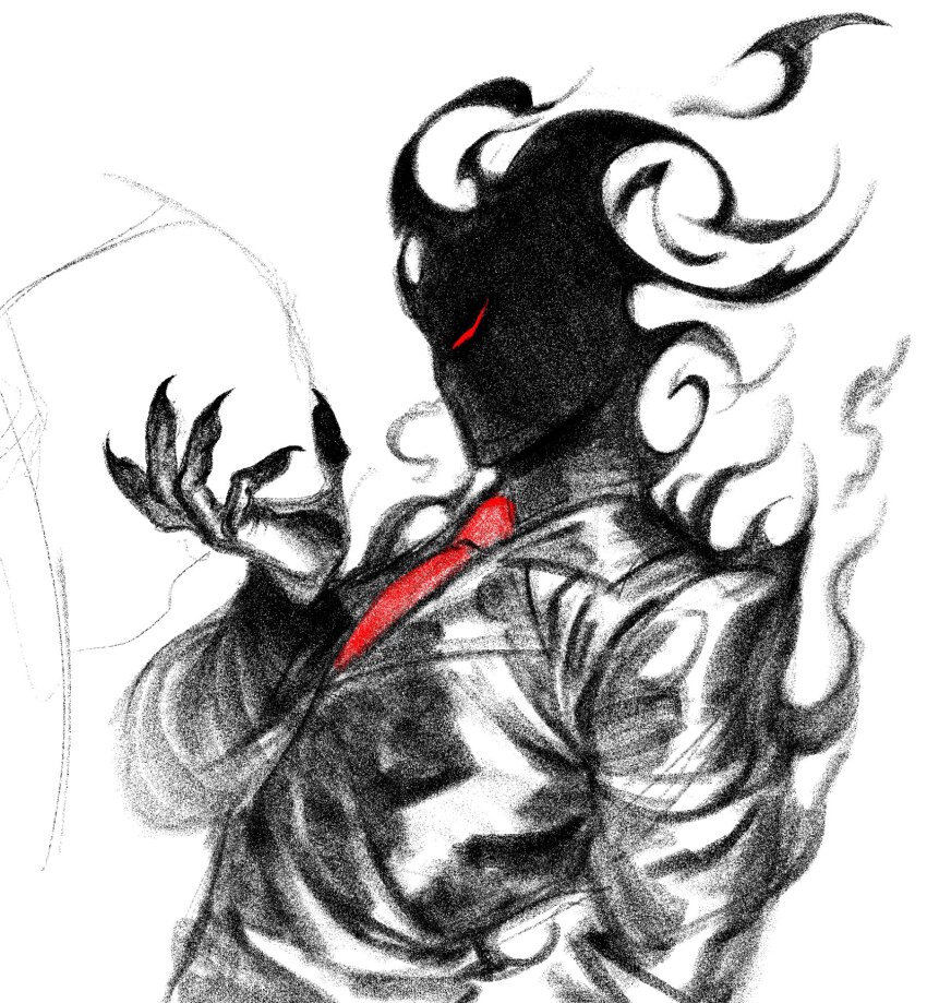 1boy black_skin claws colored_skin fire fire_body highres male_focus monochrome original red_eyes simple_background solo spot_color sttcduongden upper_body white_background