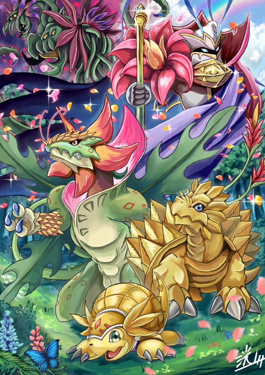 armadimon armor bloomlordmon bug butterfly claws digimon digimon_(creature) evolution evolutionary_line flower highres hydramon insect solo toropiamon tortamon wings