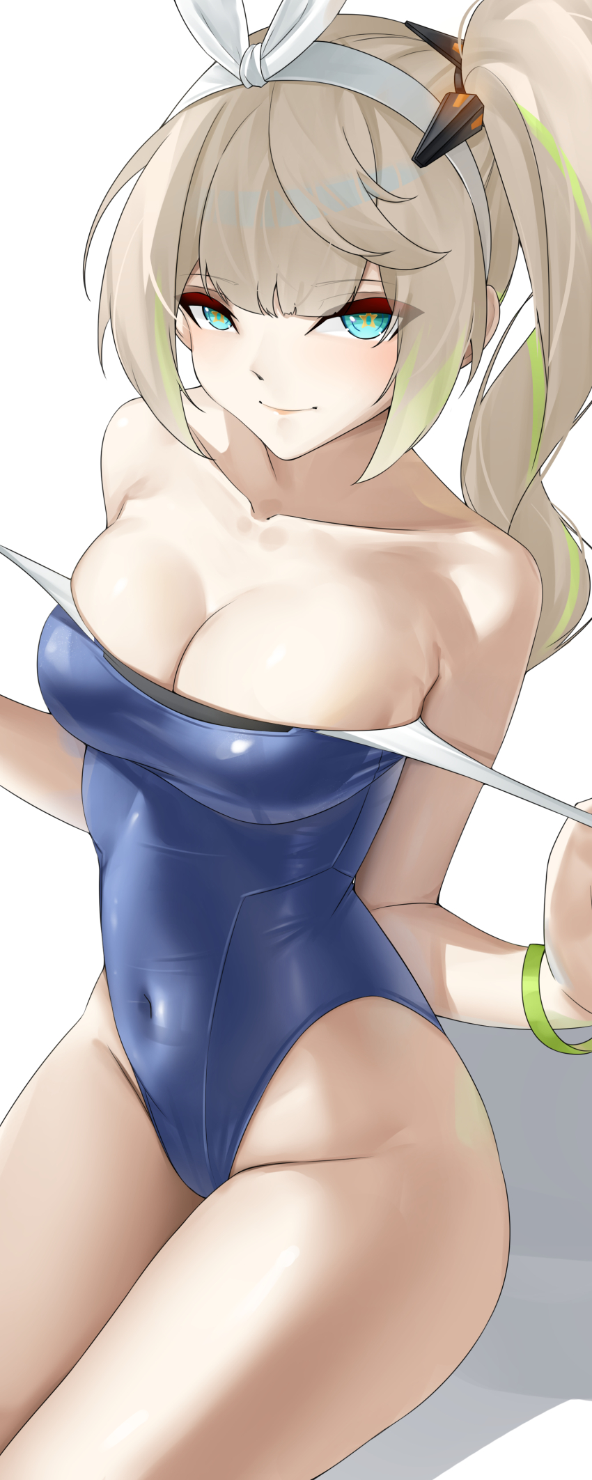 1girl absurdres aqua_eyes armpit_crease bare_shoulders blonde_hair blue_one-piece_swimsuit breasts casperrin cleavage closed_mouth collarbone commentary covered_navel english_commentary girls&#039;_frontline girls&#039;_frontline_2:_exilium green_hair hairband highres large_breasts long_hair looking_at_viewer medium_breasts multicolored_hair official_alternate_costume one-piece_swimsuit pulling_own_clothes sharkry_(girls&#039;_frontline_2) sharkry_(swimsuit_idol)_(girls&#039;_frontline_2) side_ponytail simple_background sitting smile star_(symbol) star_in_eye strap_pull streaked_hair swimsuit symbol_in_eye thighs white_background white_hairband
