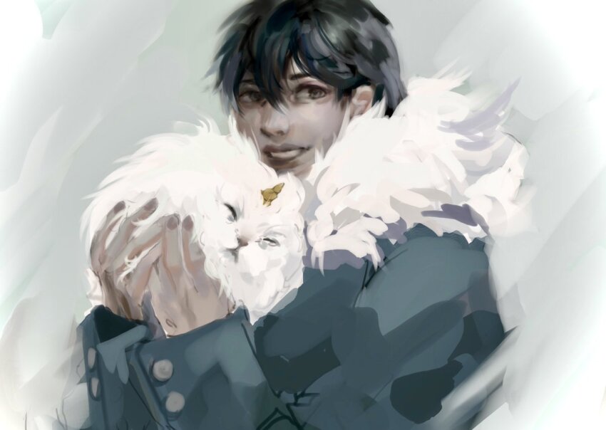 1boy 1other :d animal biyoo_(omniscient_reader&#039;s_viewpoint) black_eyes black_hair coat dokkaebi double-parted_bangs fur_collar grin hair_between_eyes holding holding_animal kim_dokja looking_at_viewer macaronijail omniscient_reader&#039;s_viewpoint open_mouth short_hair smile snowing upper_body white_background winter_clothes winter_coat