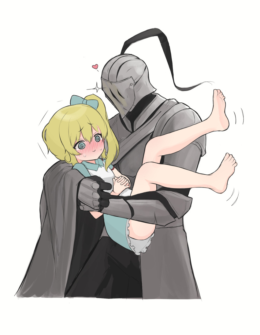 1boy 1girl @_@ alice_(black_souls) armor barefoot black_souls blue_bow blue_dress blue_eyes blush bow breastplate cape carrying carrying_person commentary dress embarrassed english_commentary feet full-face_blush gauntlets grey_cape grimm_(black_souls) hair_bow heart helm helmet highres knight nervous_sweating own_hands_clasped own_hands_together princess_carry side_ponytail simple_background smile sparkle sunggou sweat white_background