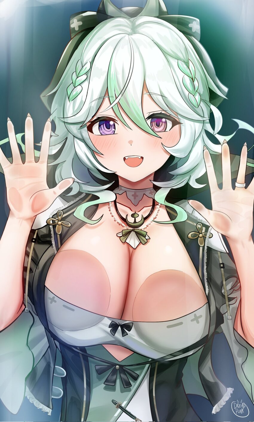 1girl against_glass alias_anono black_bow black_jacket bow braid breast_press breasts breasts_on_glass cleavage commentary commission dreadpunk dress english_commentary gradient_hair green_hair grey_hair hair_between_eyes hair_bow hand_on_glass heterochromia highres jacket jewelry large_breasts looking_at_viewer multicolored_hair necklace open_mouth pearl_necklace pink_eyes purple_eyes ring second-party_source short_hair signature solo streaked_hair teeth upper_teeth_only v4mirai virtual_youtuber white_dress