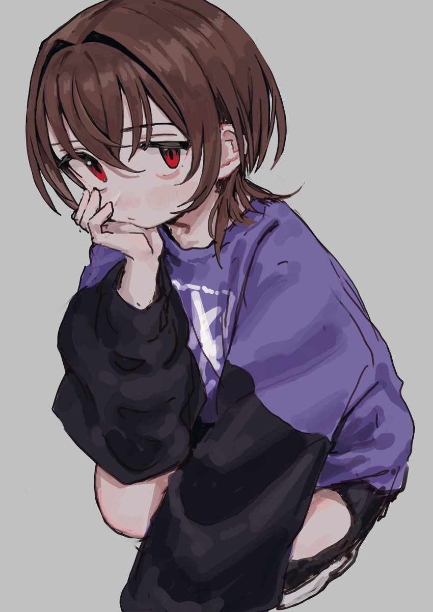 1girl brown_hair closed_mouth commentary hair_intakes hand_up head_rest highres level9kaito long_sleeves looking_at_viewer medium_hair original purple_sweater red_eyes simple_background solo squatting sweater