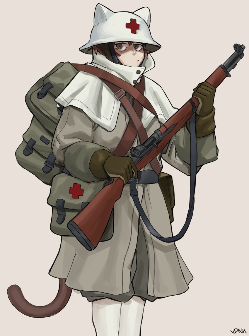 19vodnik 1girl absurdres animal_ears backpack bag cat_ears cat_girl cat_tail coat combat_medic cross first_aid_kit gloves gun helmet highres holding holding_weapon m1_garand original pouch red_cross rifle solo tail trigger_discipline weapon
