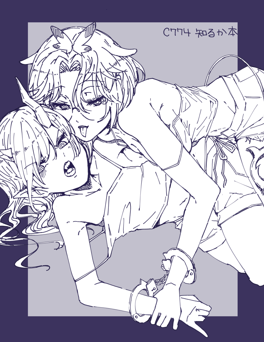 2girls absurdres alternate_costume asymmetrical_horns blush breasts camisole cleavage commentary_request cowboy_shot cuffs demon_girl glasses greyscale_with_colored_background hair_between_eyes handcuffs head_wings highres holding_hands horns looking_at_viewer medium_breasts multiple_girls nanashi_inc. on_floor open_mouth oura_rukako panyatteria parted_bangs pointy_ears purple_background round_eyewear shishio_chris shorts small_breasts smile tongue tongue_out virtual_youtuber wings yuri
