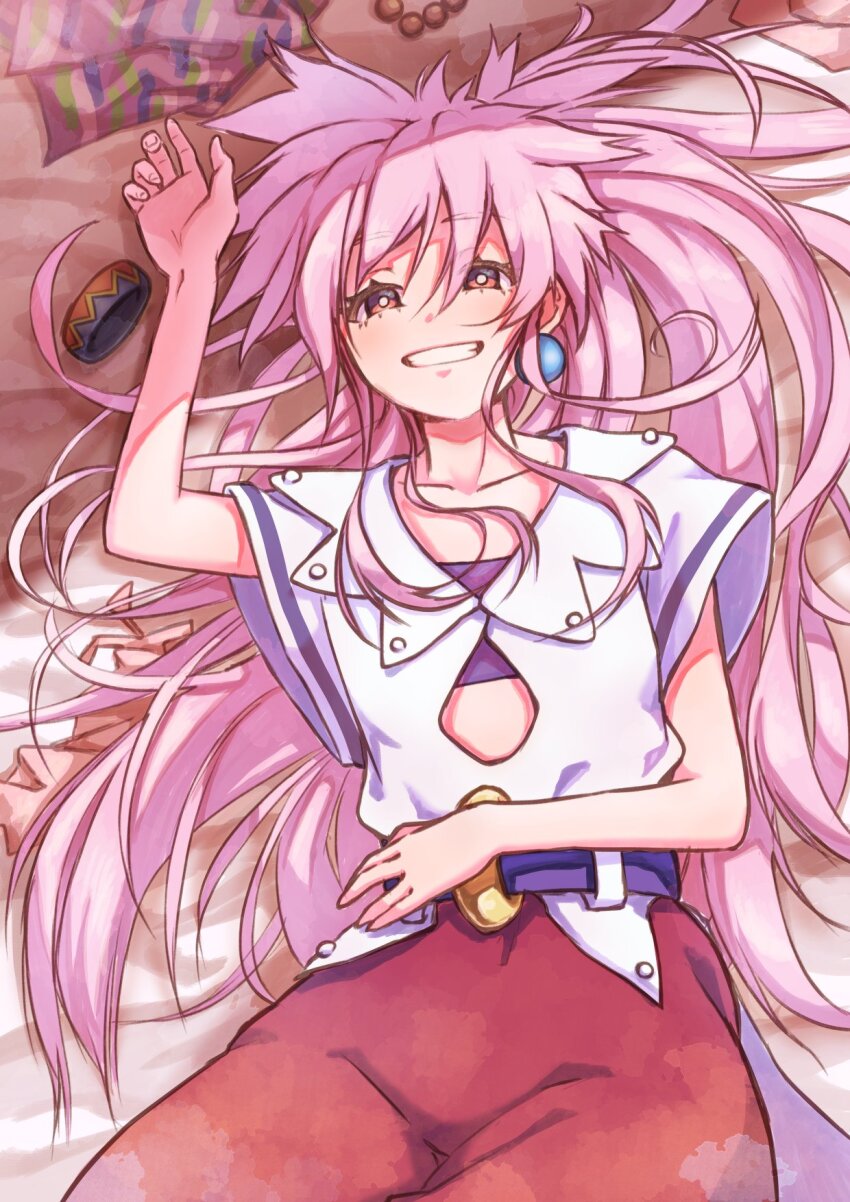 1girl arche_klein belt earrings highres jewelry long_hair looking_at_viewer pink_eyes pink_hair ponytail smile solo tales_of_(series) tales_of_phantasia toraneko wide_ponytail