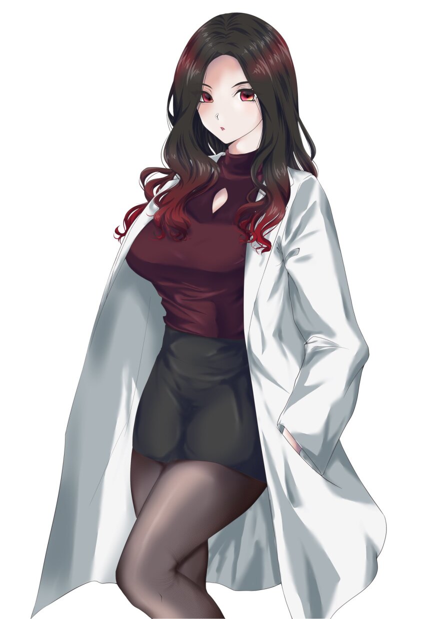 1girl black_hair black_pantyhose black_shirt coat doctor high_heels highres kamen_rider kamen_rider_revice long_hair mikoshiba_akemi open_clothes open_coat pantyhose red_eyes shirt tight_skirt white_coat