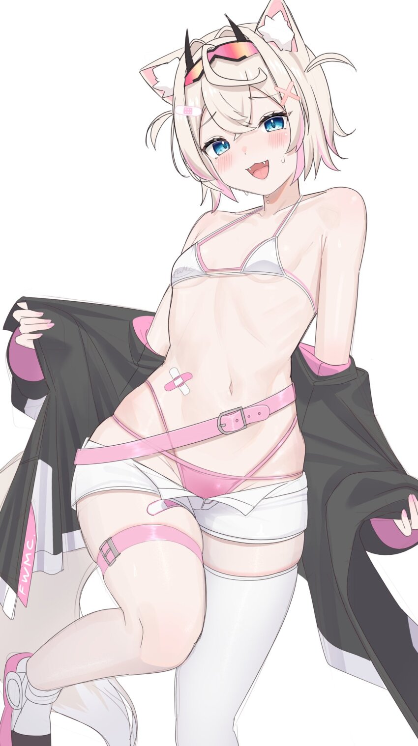 1girl ahoge alternate_costume animal_ear_fluff animal_ears bandaid bandaid_hair_ornament bandaid_on_stomach belt bikini bikini_under_shorts blonde_hair blue_eyes blush breasts dog_ears dog_girl dog_tail fang hair_ornament highres hololive hololive_english horn_hairband looking_at_viewer medium_hair mismatched_bikini mococo_abyssgard multi-strapped_bikini_bottom navel open_mouth pink_belt pink_bikini short_shorts shorts simple_background single_thighhigh small_breasts solo sweat swimsuit tail thigh_strap thighhighs tojo_aoi white_background white_shorts white_thighhighs x_hair_ornament