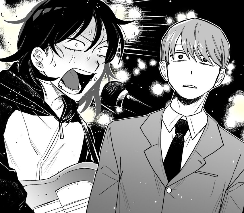 1boy 1girl blazer blush collared_shirt commentary_request electric_guitar futsuu_no_keion-bu greyscale guitar guitar_strap hatono_chihiro highres hood hood_down hooded_jacket instrument jacket lapels microphone monochrome music necktie notched_lapels open_mouth parted_lips sanpaku scene_reference school_uniform search_sausouc shirt short_hair singing sweat takami_kouki teeth upper_body v-shaped_eyebrows
