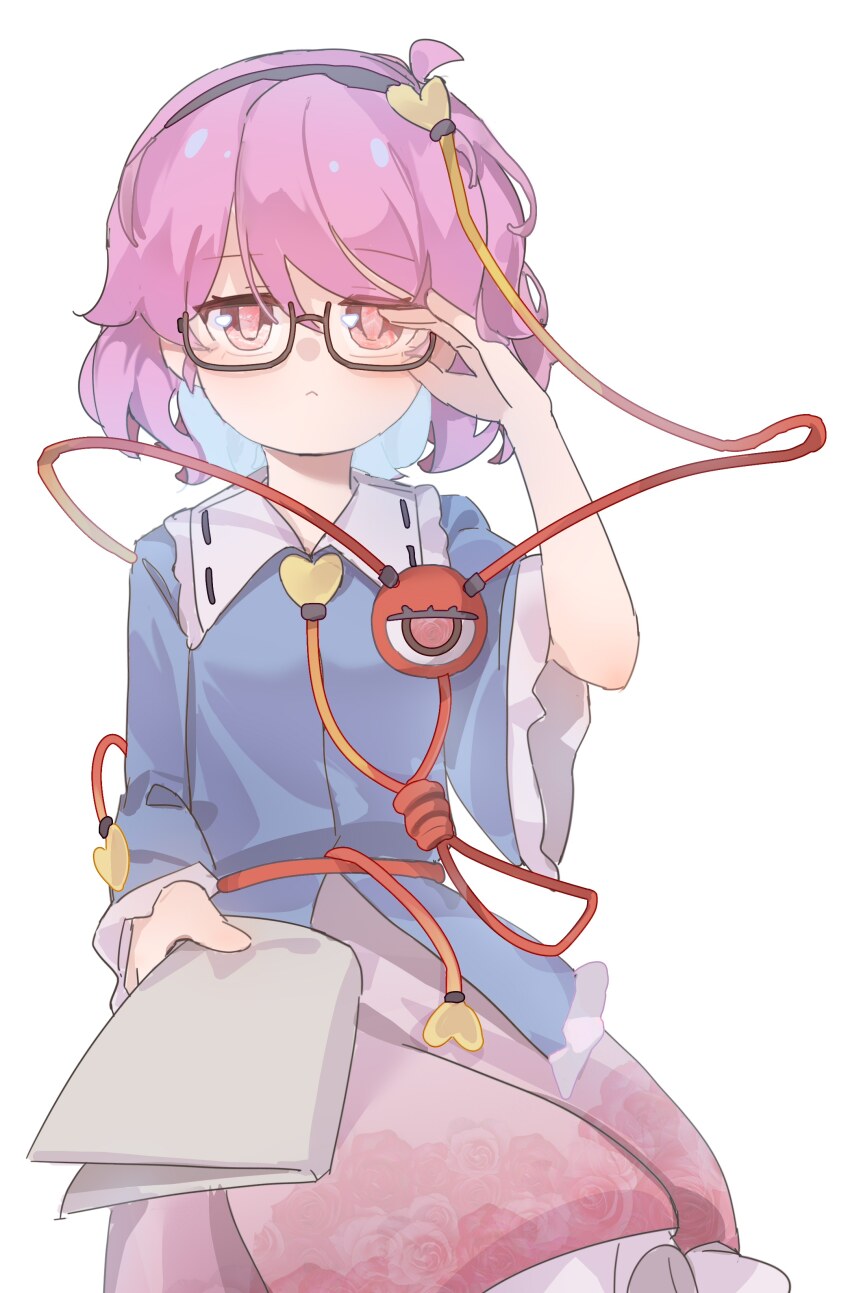 1girl absurdres bespectacled black-framed_eyewear blush eyeball frills glasses gumingdi_ban hair_ornament hairband heart highres komeiji_satori long_sleeves paper pink_eyes pink_hair rectangular_eyewear semi-rimless_eyewear shirt short_hair skirt solo third_eye touhou under-rim_eyewear wide_sleeves