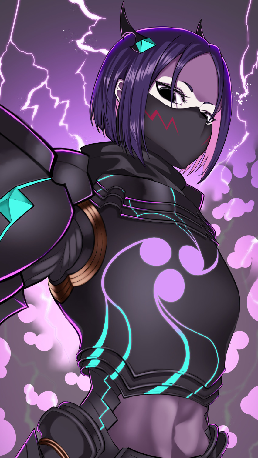 1girl absurdres armor black_armor black_eyes black_scarf bodysuit breasts covered_navel electricity fate/grand_order fate/samurai_remnant fate_(series) grey_bodysuit hair_ornament highres japanese_armor kuremon looking_at_viewer mask medium_breasts minamoto_no_raikou_(fate) mouth_mask neon_trim ninja parted_bangs purple_hair scarf short_hair solo ushi_gozen_(avenger)_(fate) ushi_gozen_(avenger)_(second_ascension)_(fate) ushi_gozen_(fate) ushi_gozen_(fate/samurai_remnant)